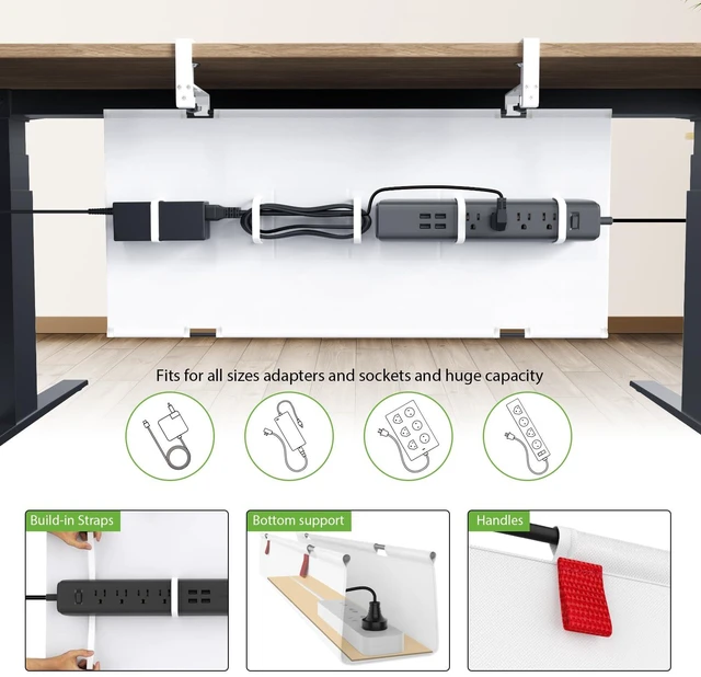 Alt view image 3 of 7 - No Drill Fabric Under Desk Cable Management Tray 28 in, White Clamp/Screw Mount, Supports Up to 70lbs, Fabric Wire Management Gaming/PC Cable Raceways, Cord Hiders for Office/Home