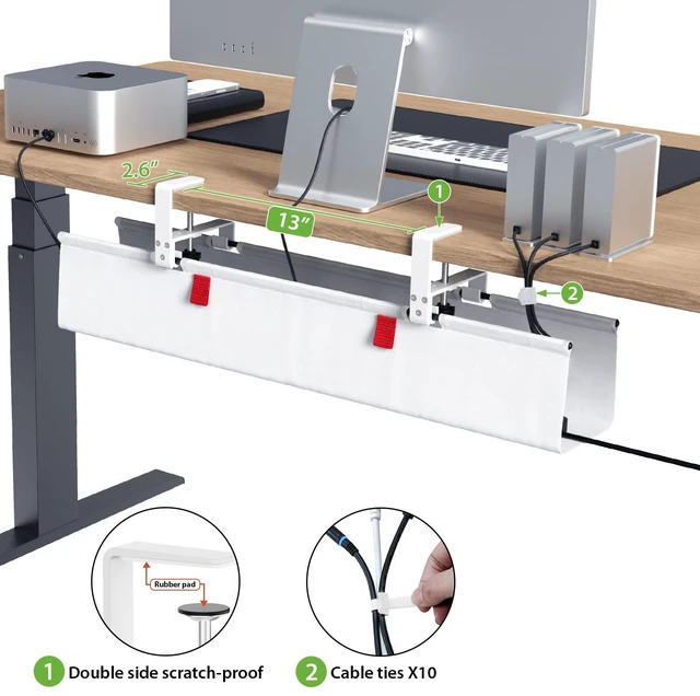 Alt view image 4 of 7 - No Drill Fabric Under Desk Cable Management Tray 28 in, White Clamp/Screw Mount, Supports Up to 70lbs, Fabric Wire Management Gaming/PC Cable Raceways, Cord Hiders for Office/Home