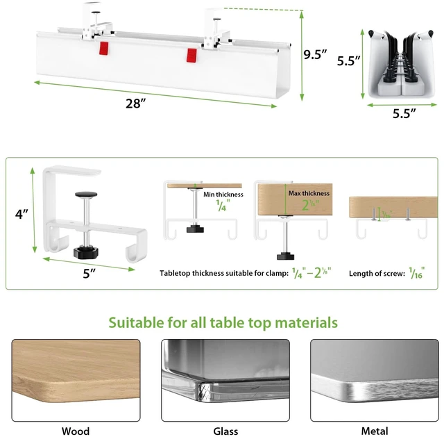 Alt view image 5 of 7 - No Drill Fabric Under Desk Cable Management Tray 28 in, White Clamp/Screw Mount, Supports Up to 70lbs, Fabric Wire Management Gaming/PC Cable Raceways, Cord Hiders for Office/Home