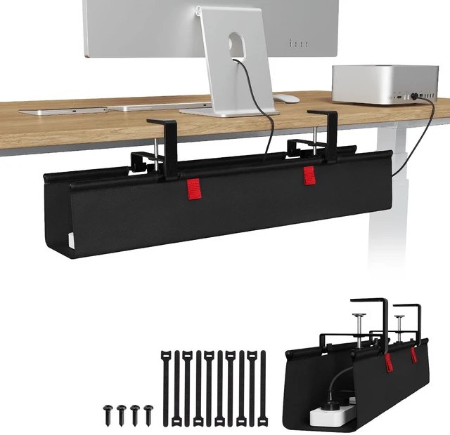 Main image of No Drill Fabric Under Desk Cable Management Tray 28 in,Black Clamp/Screw Mount, Supports Up to 70lbs, Fabric Wire Management Gaming/PC Cable Raceways, Cord Hiders for Office/Home