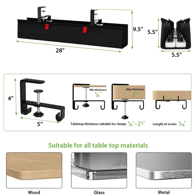 Alt view image 4 of 7 - No Drill Fabric Under Desk Cable Management Tray 28 in,Black Clamp/Screw Mount, Supports Up to 70lbs, Fabric Wire Management Gaming/PC Cable Raceways, Cord Hiders for Office/Home