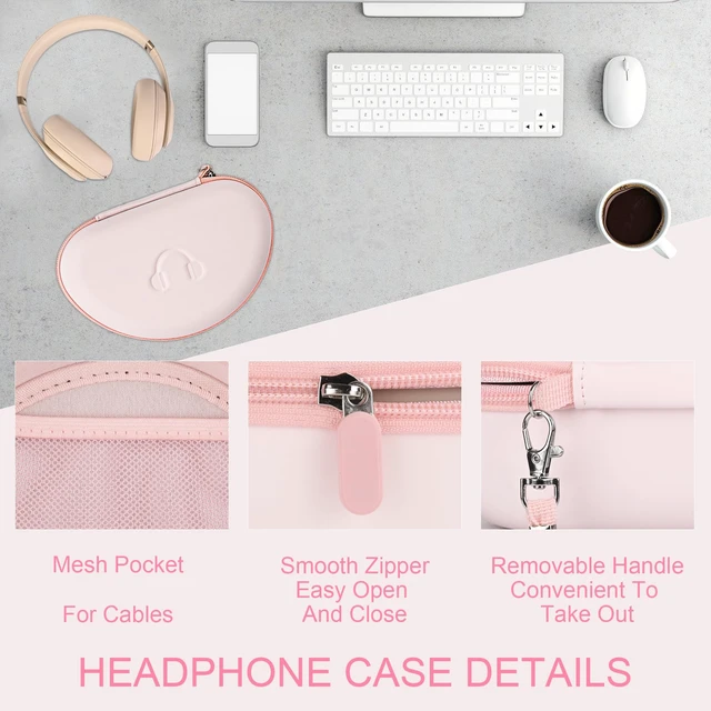 Alt view image 7 of 7 - Headphone Case for Beats Solo 4/3/2, Studio 3/ Pro, BERIBES/KVIDIO/TOZO for SKULLCANDY / PICUN, Hard Shell EVA Travel Carrying Over-Ear Headphone Case, Mesh Bag for Cable, Handle Strap, Pink