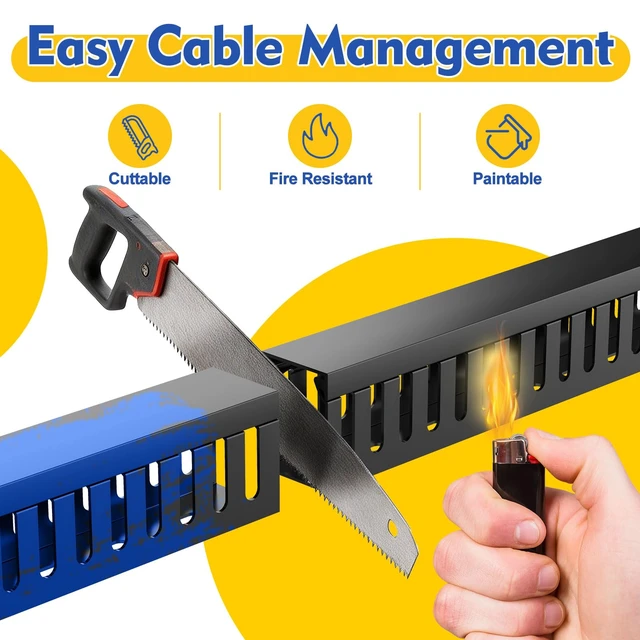 Alt view image 5 of 7 - Open Slot Wiring Raceway Cable Duct,Cable Management Cord Track 123" open slot cable raceway,Black 1.18x1.57",8 pcs desk wire channel to hide computer cables and cords