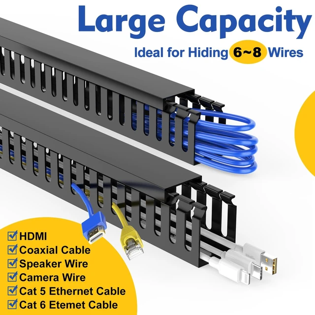 Alt view image 3 of 7 - Open Slot Wiring Raceway Cable Duct,Cable Management Cord Track 123" open slot cable raceway,Black 1.18x1.57",8 pcs desk wire channel to hide computer cables and cords