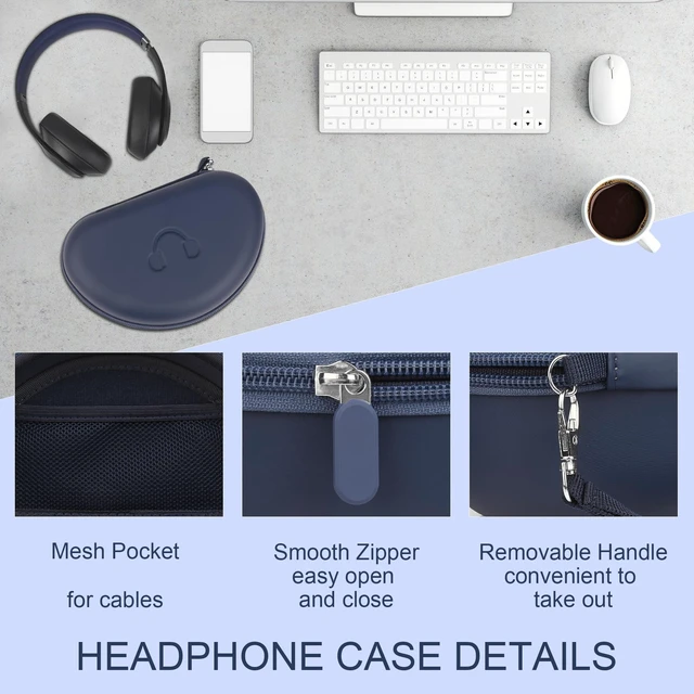Alt view image 5 of 7 - Headphone Case for Beats Solo 4/3/2, Studio 3/ Pro, BERIBES/KVIDIO/TOZO for SKULLCANDY / PICUN, Hard Shell EVA Travel Carrying Over-Ear Headphone Case, Mesh Bag for Cable, Handle Strap, Blue