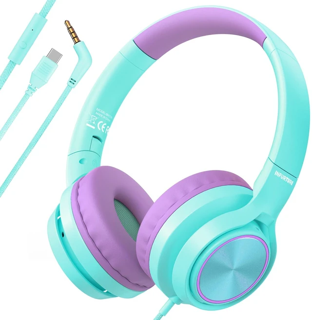 Main image of Kids Headphones for School with 3.5mm/USB C Headphones & HD Mic Over-Ear Headphone for School, Foldable Type C Headphone, Safe Volume for iPad/Travel/Tablets/Classroom, Back to School gift