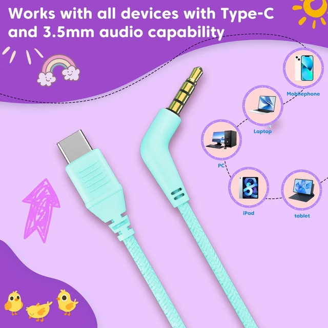 Alt view image 2 of 7 - Kids Headphones for School with 3.5mm/USB C Headphones & HD Mic Over-Ear Headphone for School, Foldable Type C Headphone, Safe Volume for iPad/Travel/Tablets/Classroom, Back to School gift