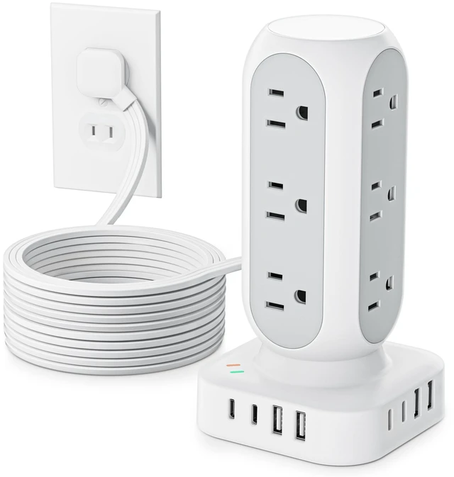 Main image of 2 Prong Power Strip Tower, 2 to 3 Prong Outlet Adapter 12 AC Outlets, 8 USB Ports, 10 FT Long Extension Cord for Non-Grounded Outlet, Home, Office, Dorm Room Use