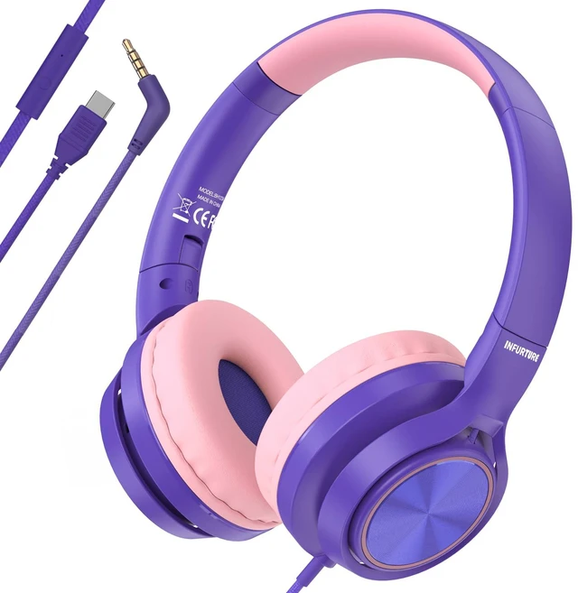 Main image of Kids Headphones for School with 3.5mm/USB C Headphones & HD Mic Pink Headphone for School, Comfort Type C Headphone, Safe Volume for iPad/Travel/Tablets/Classroom, Back to School gift