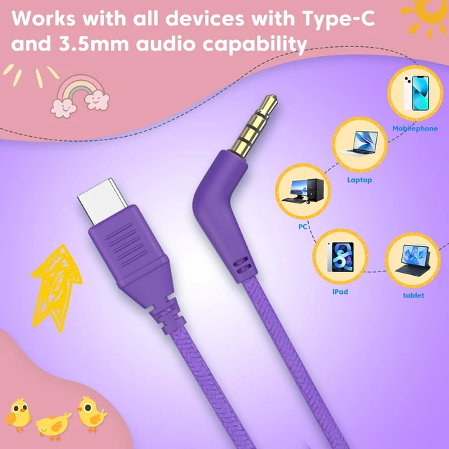 Alt view image 2 of 7 - Kids Headphones for School with 3.5mm/USB C Headphones & HD Mic Pink Headphone for School, Comfort Type C Headphone, Safe Volume for iPad/Travel/Tablets/Classroom, Back to School gift
