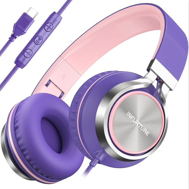 Main image of USB C Headphone for Kids & Adults Over-Ear Headphone with HD Mic Adjustable Wired Headphones for School, Comfort Ear Cups, Hi-Fi Stereo, Cord for iPhone 17, iPad, Tablet, Laptop, Travel