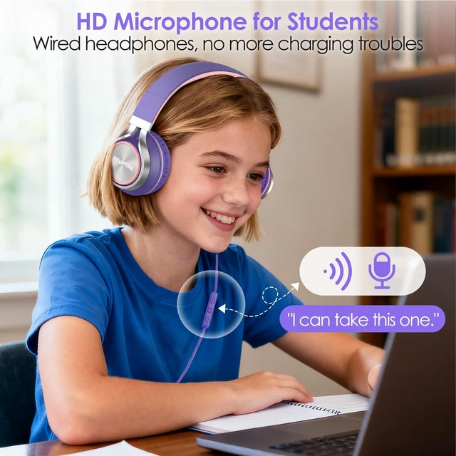 Alt view image 3 of 7 - USB C Headphone for Kids & Adults Over-Ear Headphone with HD Mic Adjustable Wired Headphones for School, Comfort Ear Cups, Hi-Fi Stereo, Cord for iPhone 17, iPad, Tablet, Laptop, Travel