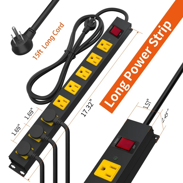 Alt view image 6 of 7 - 8 Outlet Metal Heavy Duty Long Power Strip, 2100J Surge Protector with 15 FT Extension Cord, Wide Spaced and Wall Mount Powerstrip for Home, Industrial, Workshop & Garage (15FT)