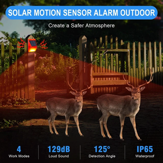 Alt view image 2 of 7 - Solar Motion Sensor Alarm Outdoor Motion Detector 129db Loud Sound Security Siren IP65 Waterproof Protected for Garden,Farm,Yard,Chicken coop,4 Pack