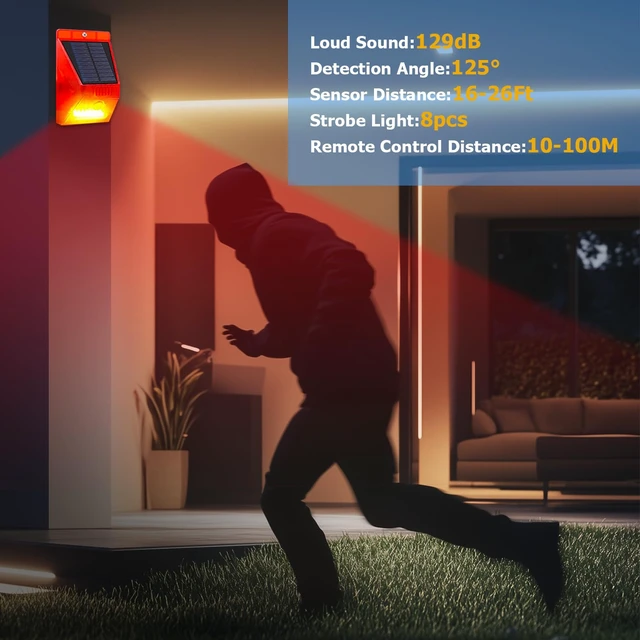 Alt view image 4 of 7 - Solar Motion Sensor Alarm Outdoor Motion Detector 129db Loud Sound Security Siren IP65 Waterproof Protected for Garden,Farm,Yard,Chicken coop,4 Pack
