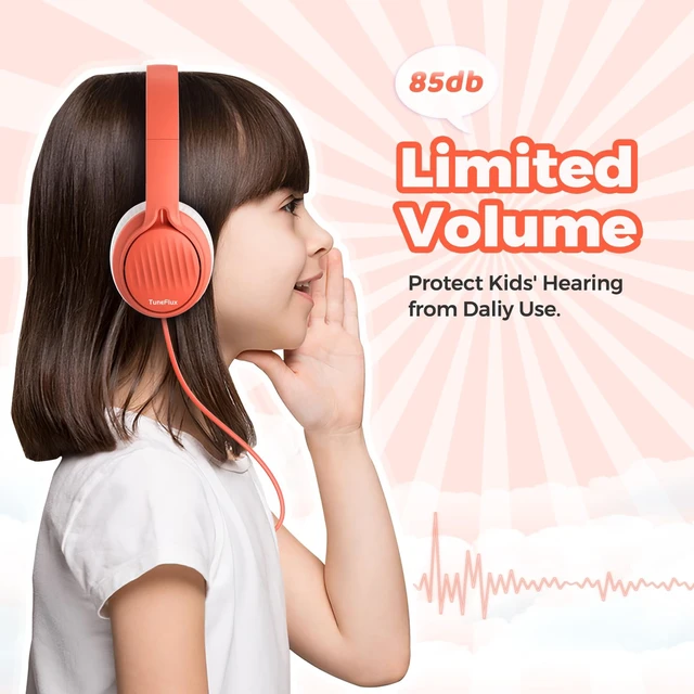 Alt view image 2 of 7 - Kids Headphones with Cord for School, 85dB, 3.5mm Jack, Orange Upgraded Stereo Sound, Foldable Design, Adjustable On-Ear Kids Headphones for Toddler/Boys/Girls/Tablet/Classroom/Travel