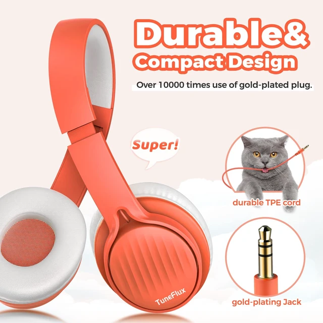 Alt view image 3 of 7 - Kids Headphones with Cord for School, 85dB, 3.5mm Jack, Orange Upgraded Stereo Sound, Foldable Design, Adjustable On-Ear Kids Headphones for Toddler/Boys/Girls/Tablet/Classroom/Travel
