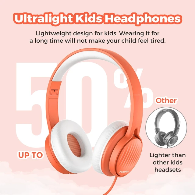 Alt view image 7 of 7 - Kids Headphones with Cord for School, 85dB, 3.5mm Jack, Orange Upgraded Stereo Sound, Foldable Design, Adjustable On-Ear Kids Headphones for Toddler/Boys/Girls/Tablet/Classroom/Travel
