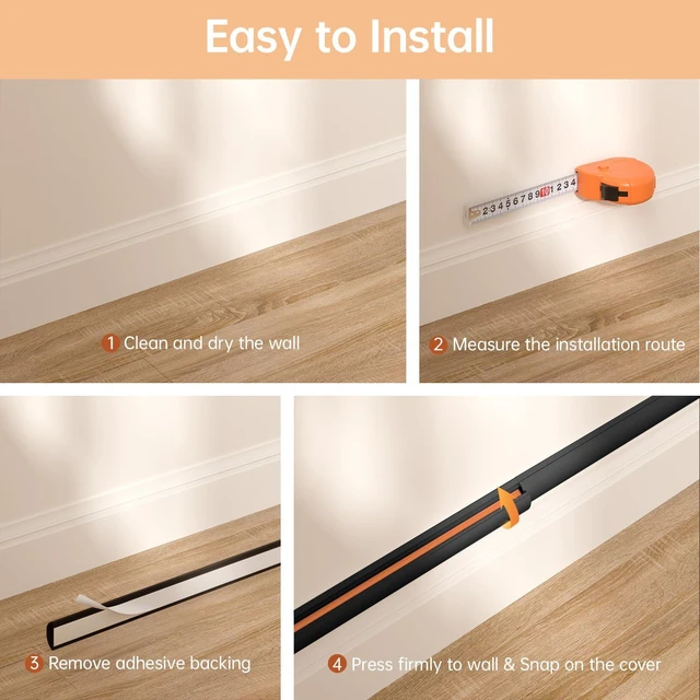 Alt view image 6 of 7 - 42.5in Adhesive Cord Hider Wall, Mounted TV Cord Cover Kit, Multiple Cable Raceways for Wall Corner, Wire Cover Hiders for 1-2 Cables, 1.18" W X 0.43" H, Black