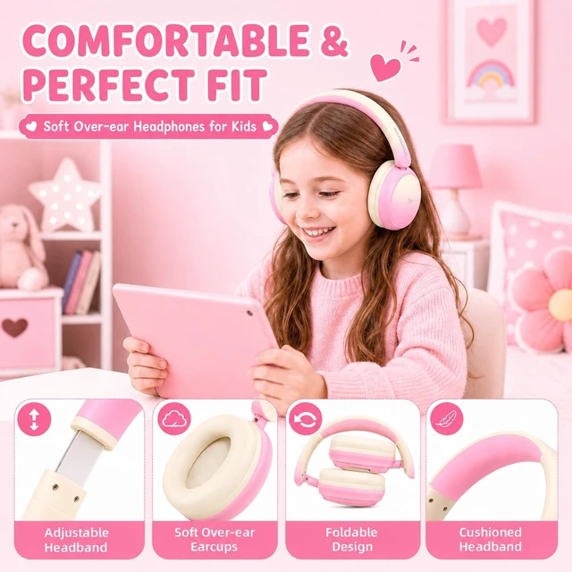 Alt view image 4 of 7 - Kids Wireless Headphones for Girls,Over-Ear Kids Headset Active Noise Cancelling, 58H Playtime,Safe Volume Limiter, Foldable,Shock-resistant,for School, Travel & Learning