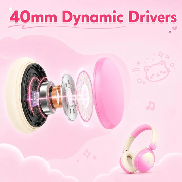 Alt view image 5 of 7 - Kids Wireless Headphones for Girls,Over-Ear Kids Headset Active Noise Cancelling, 58H Playtime,Safe Volume Limiter, Foldable,Shock-resistant,for School, Travel & Learning