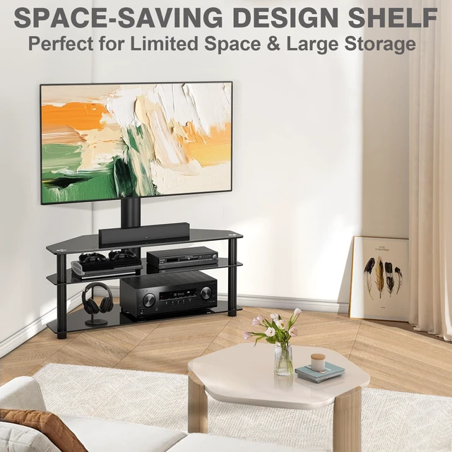 Alt view image 3 of 7 - Swivel Floor TV Stand with Table for 32-70 Inch TVs Universal Height Adjustable Glass TV Stand with Large Storage Shelves, Strong Corner TV Stand Mount Holds up to 88lbs, Black