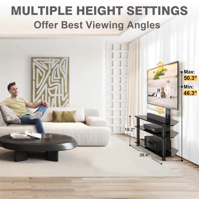 Alt view image 2 of 7 - Swivel Floor TV Stand with Table for 32-70 Inch TVs Universal Height Adjustable Glass TV Stand with Large Storage Shelves, Strong Corner TV Stand Mount Holds up to 88lbs, Black