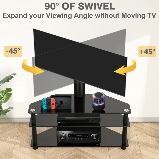 Alt view image 4 of 7 - Swivel Floor TV Stand with Table for 32-70 Inch TVs Universal Height Adjustable Glass TV Stand with Large Storage Shelves, Strong Corner TV Stand Mount Holds up to 88lbs, Black