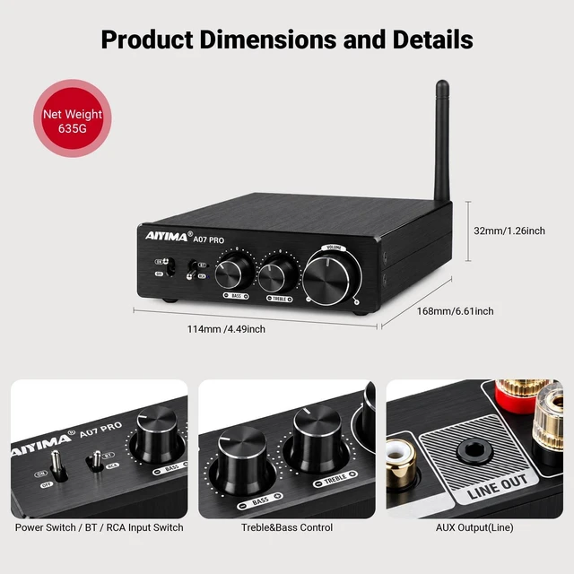 Alt view image 3 of 7 - A07 Pro Bluetooth 5.2 Amplifier 300Wx2 Class D Stereo Amp TPA3255 Desktop Receiver with Bass/Treble Tone Controls.Class D Integrated Amp for passive speakers & 2.0/2.1 home theater