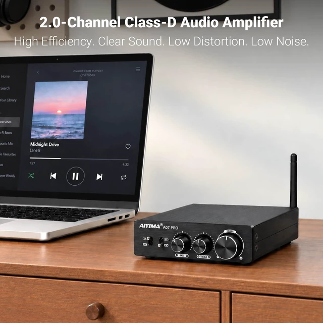 Alt view image 4 of 7 - A07 Pro Bluetooth 5.2 Amplifier 300Wx2 Class D Stereo Amp TPA3255 Desktop Receiver with Bass/Treble Tone Controls.Class D Integrated Amp for passive speakers & 2.0/2.1 home theater