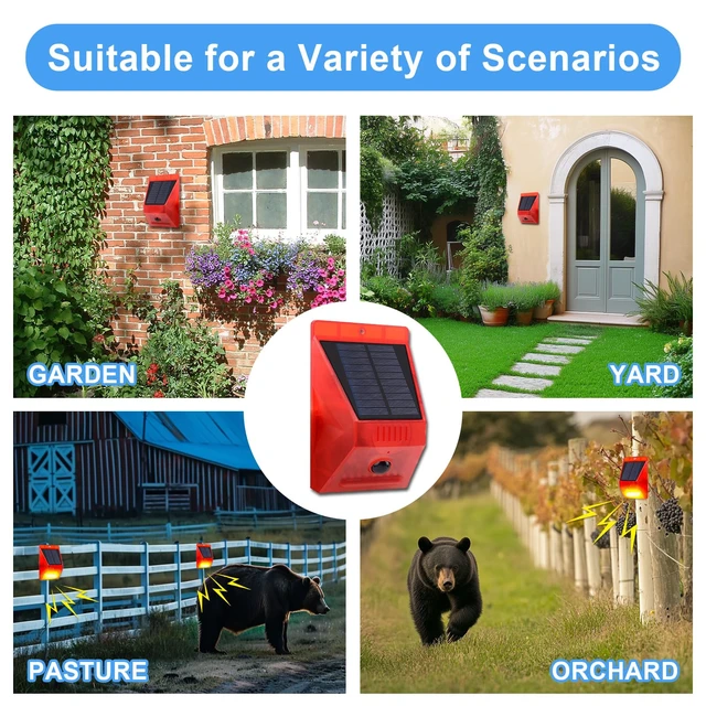 Alt view image 7 of 7 - Solar Motion Sensor Alarm Outdoor Motion Detector 129db Loud Sound Security Siren IP65 Waterproof Protected for Garden,Farm,Yard,Chicken coop,4 Pack