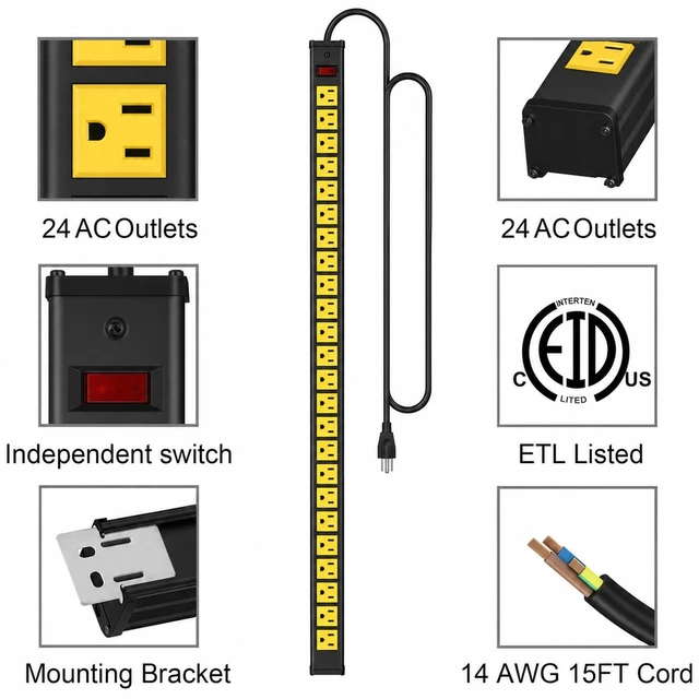 Alt view image 2 of 7 - 24 Outlet Long Power Strip,Heavy Duty Metal Socket Power Strip,Aluminum with 15-Foot Extension Power Cord,ETL Certified for Home, Office, Garage and Workshop Black and Yellow