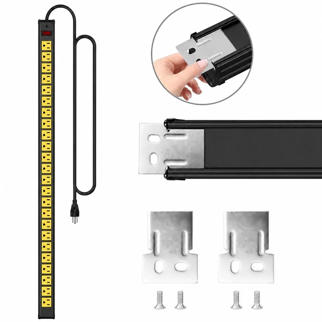 Alt view image 4 of 7 - 24 Outlet Long Power Strip,Heavy Duty Metal Socket Power Strip,Aluminum with 15-Foot Extension Power Cord,ETL Certified for Home, Office, Garage and Workshop Black and Yellow