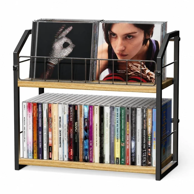 Main image of CD Storage Rack, 2 Tier CD holder & Display, 60 Capacity-Natural Wood Versatile CD organizer works for DVD storage, books and other media items, keeping jewel cases neat and accessible
