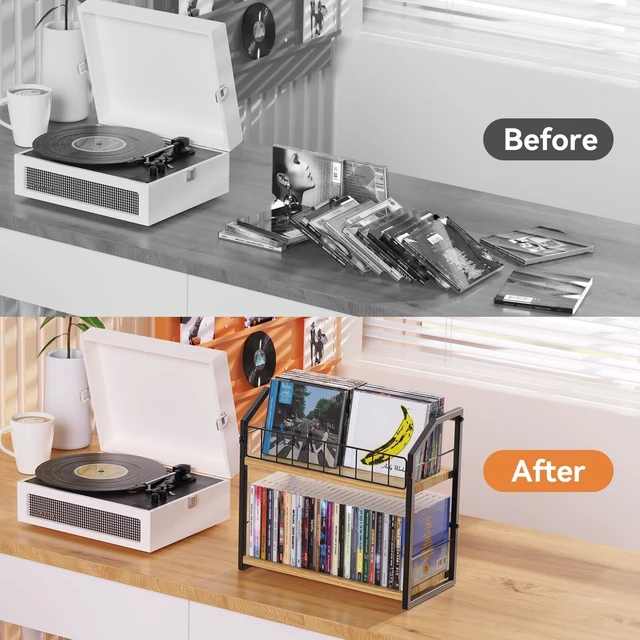 Alt view image 4 of 4 - CD Storage Rack, 2 Tier CD holder & Display, 60 Capacity-Natural Wood Versatile CD organizer works for DVD storage, books and other media items, keeping jewel cases neat and accessible