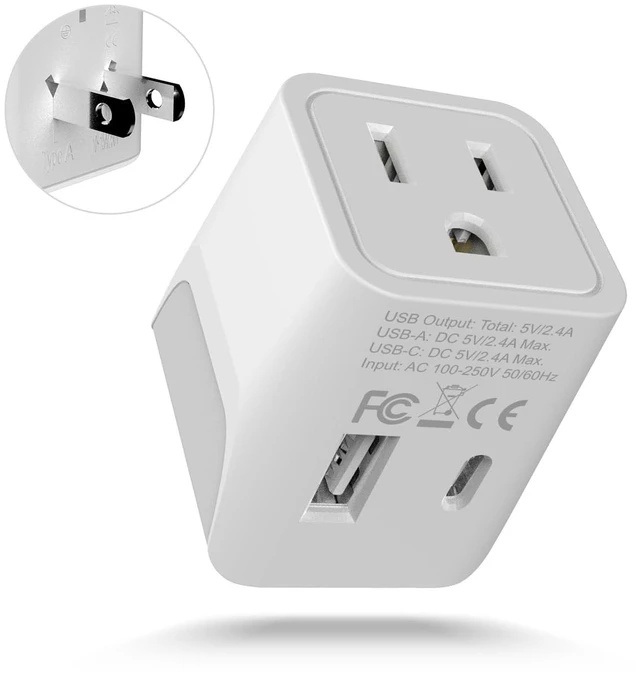 Main image of Japan, Philippines Travel Adapter Plug with USB-A + USB-C - Usa Input - Type A - Ultra Compact (CTU-6) - Perfect for Cell Phones, Laptops, Camera Chargers