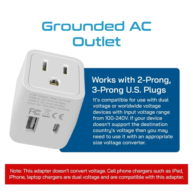Alt view image 3 of 7 - Japan, Philippines Travel Adapter Plug with USB-A + USB-C - Usa Input - Type A - Ultra Compact (CTU-6) - Perfect for Cell Phones, Laptops, Camera Chargers