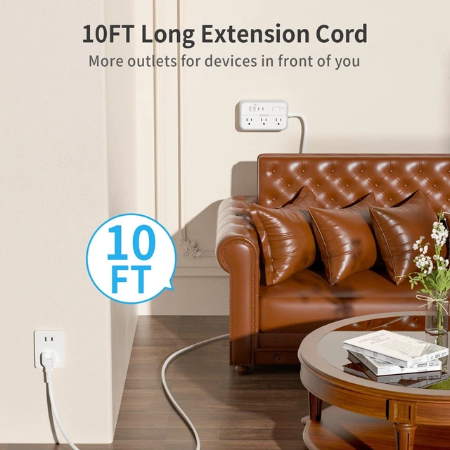 Alt view image 3 of 7 - 10FT Extension Cord 2 Prong, 2 Prong to 3 Prong Outlet Adapter, 1875W 2 Prong Power Strip with 4 USB Ports(2 USB C),Wall Mount Flat Plug Extension Cord Old House