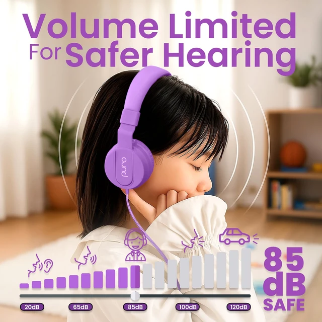 Alt view image 2 of 7 - Kids Headphones, Volume-Limiting 85dB, PuroBasic, Purple Adjustable, Safer & Comfortable Headphones for Kids Compatible with PCs, Smartphones & Tablets, Ideal for School & Travel