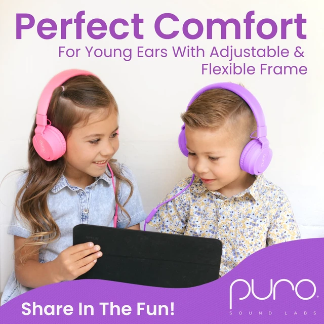 Alt view image 4 of 7 - Kids Headphones, Volume-Limiting 85dB, PuroBasic, Purple Adjustable, Safer & Comfortable Headphones for Kids Compatible with PCs, Smartphones & Tablets, Ideal for School & Travel