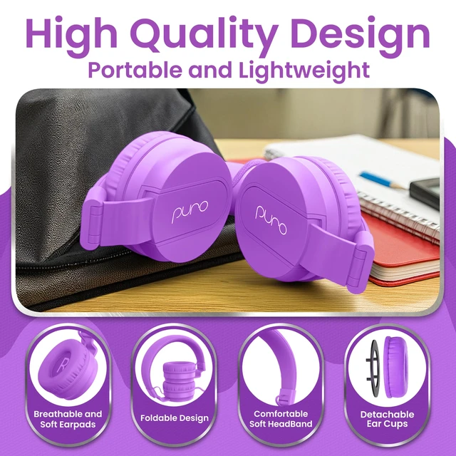 Alt view image 5 of 7 - Kids Headphones, Volume-Limiting 85dB, PuroBasic, Purple Adjustable, Safer & Comfortable Headphones for Kids Compatible with PCs, Smartphones & Tablets, Ideal for School & Travel
