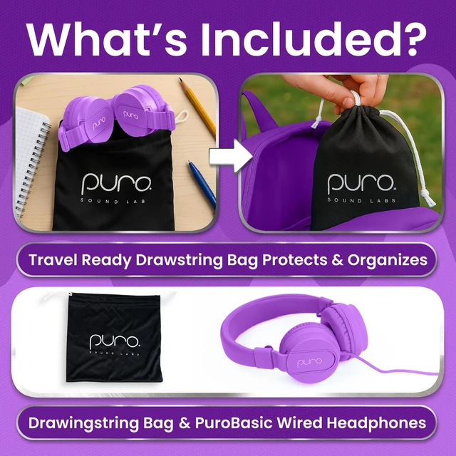 Alt view image 6 of 7 - Kids Headphones, Volume-Limiting 85dB, PuroBasic, Purple Adjustable, Safer & Comfortable Headphones for Kids Compatible with PCs, Smartphones & Tablets, Ideal for School & Travel