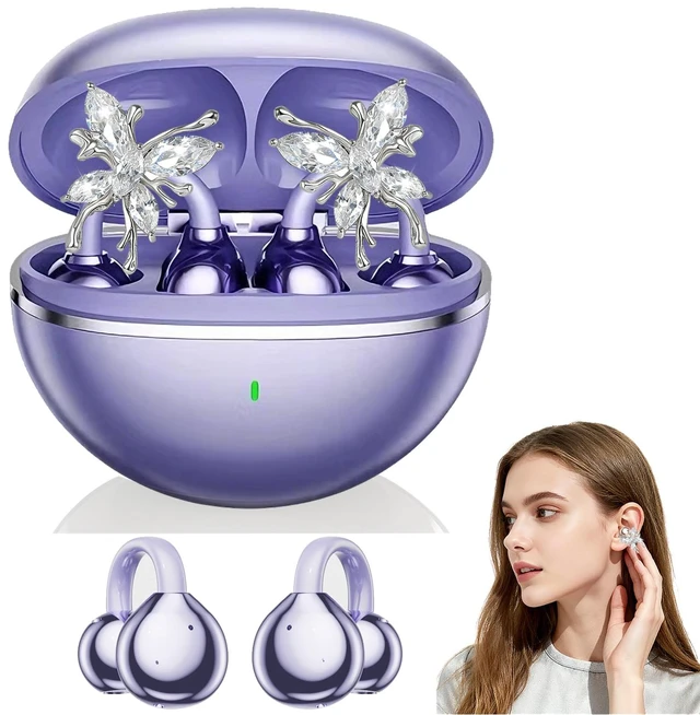 Main image of Jewelry-Inspired Clip-On Earbuds with Detachable Sparkle Butterfly Earrings 2026 New Open Ear Wireless Headphones for Women, Bluetooth 6.0, 50H Playtime, Low Latency, Sports & Workouts, Purple