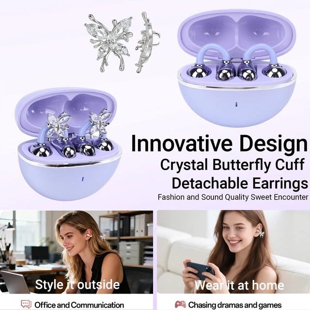 Alt view image 2 of 7 - Jewelry-Inspired Clip-On Earbuds with Detachable Sparkle Butterfly Earrings 2026 New Open Ear Wireless Headphones for Women, Bluetooth 6.0, 50H Playtime, Low Latency, Sports & Workouts, Purple