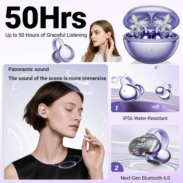 Alt view image 4 of 7 - Jewelry-Inspired Clip-On Earbuds with Detachable Sparkle Butterfly Earrings 2026 New Open Ear Wireless Headphones for Women, Bluetooth 6.0, 50H Playtime, Low Latency, Sports & Workouts, Purple