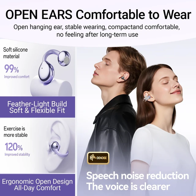 Alt view image 3 of 7 - Jewelry-Inspired Clip-On Earbuds with Detachable Sparkle Butterfly Earrings 2026 New Open Ear Wireless Headphones for Women, Bluetooth 6.0, 50H Playtime, Low Latency, Sports & Workouts, Purple