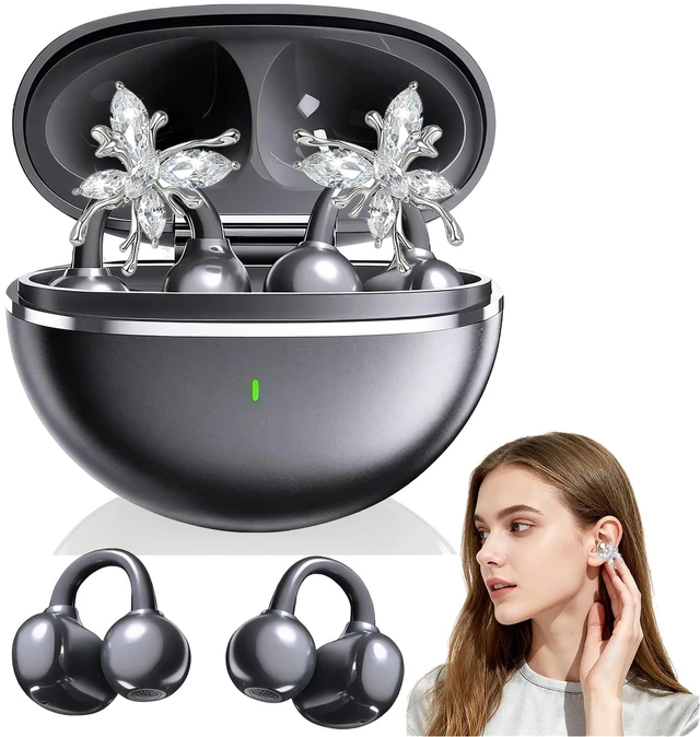 Main image of Jewelry-Inspired Clip-On Earbuds with Detachable Sparkle Butterfly Earrings 2026 New Open Ear Wireless Headphones for Women, Bluetooth 6.0, 50H Playtime, Low Latency, Sports & Workouts, Black