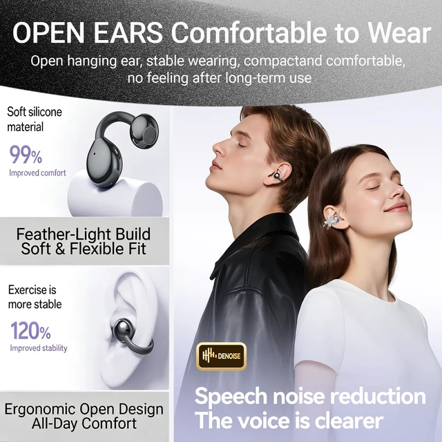 Alt view image 3 of 7 - Jewelry-Inspired Clip-On Earbuds with Detachable Sparkle Butterfly Earrings 2026 New Open Ear Wireless Headphones for Women, Bluetooth 6.0, 50H Playtime, Low Latency, Sports & Workouts, Black