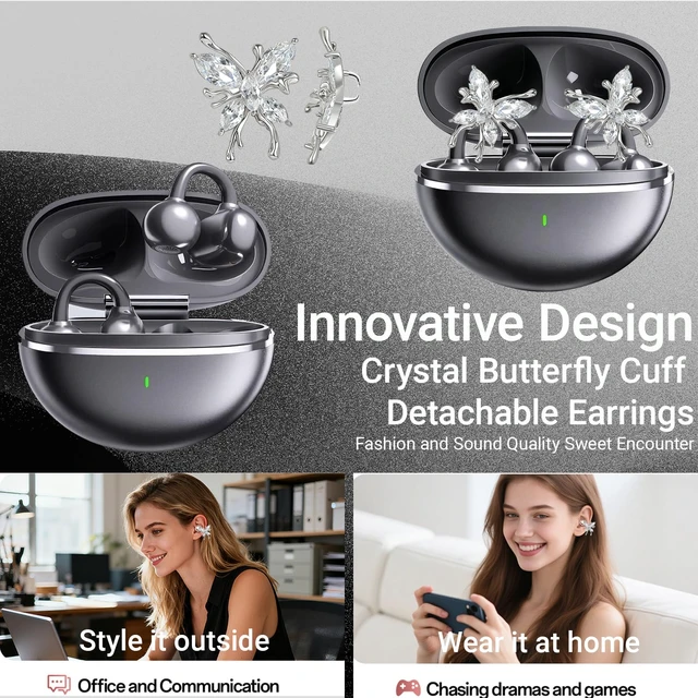 Alt view image 2 of 7 - Jewelry-Inspired Clip-On Earbuds with Detachable Sparkle Butterfly Earrings 2026 New Open Ear Wireless Headphones for Women, Bluetooth 6.0, 50H Playtime, Low Latency, Sports & Workouts, Black
