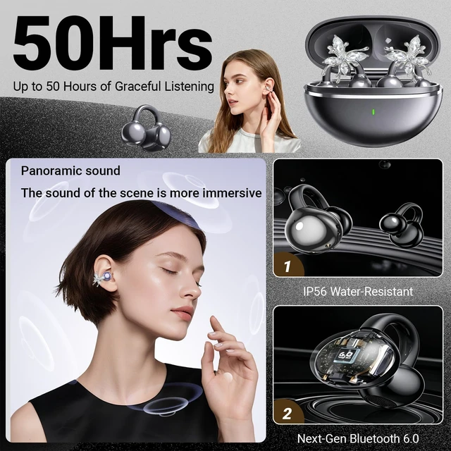 Alt view image 4 of 7 - Jewelry-Inspired Clip-On Earbuds with Detachable Sparkle Butterfly Earrings 2026 New Open Ear Wireless Headphones for Women, Bluetooth 6.0, 50H Playtime, Low Latency, Sports & Workouts, Black